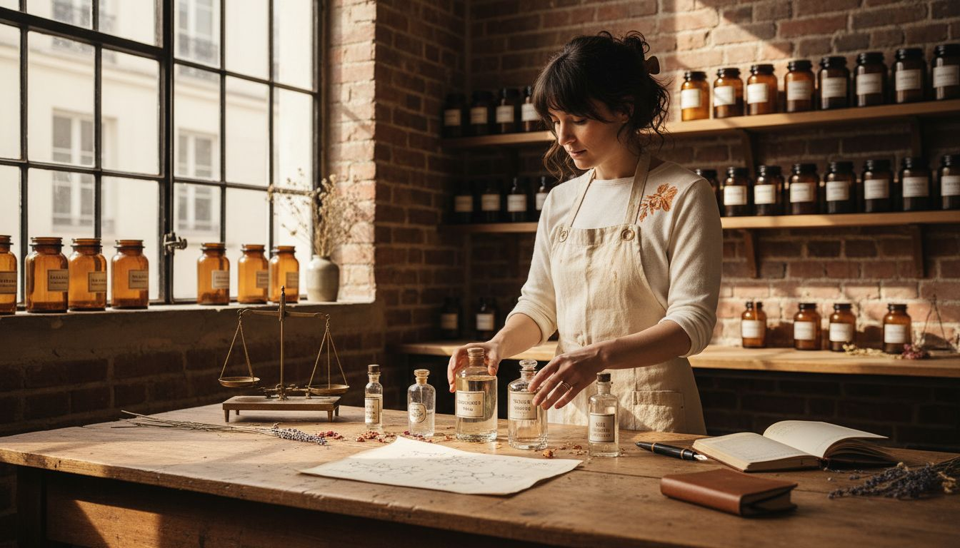 Perfumer arranging bottles in sunlit boutique studio