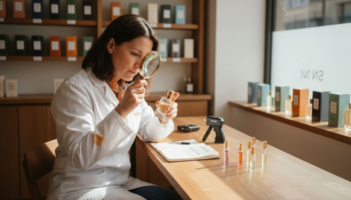 Expert inspecting authentic perfume bottle