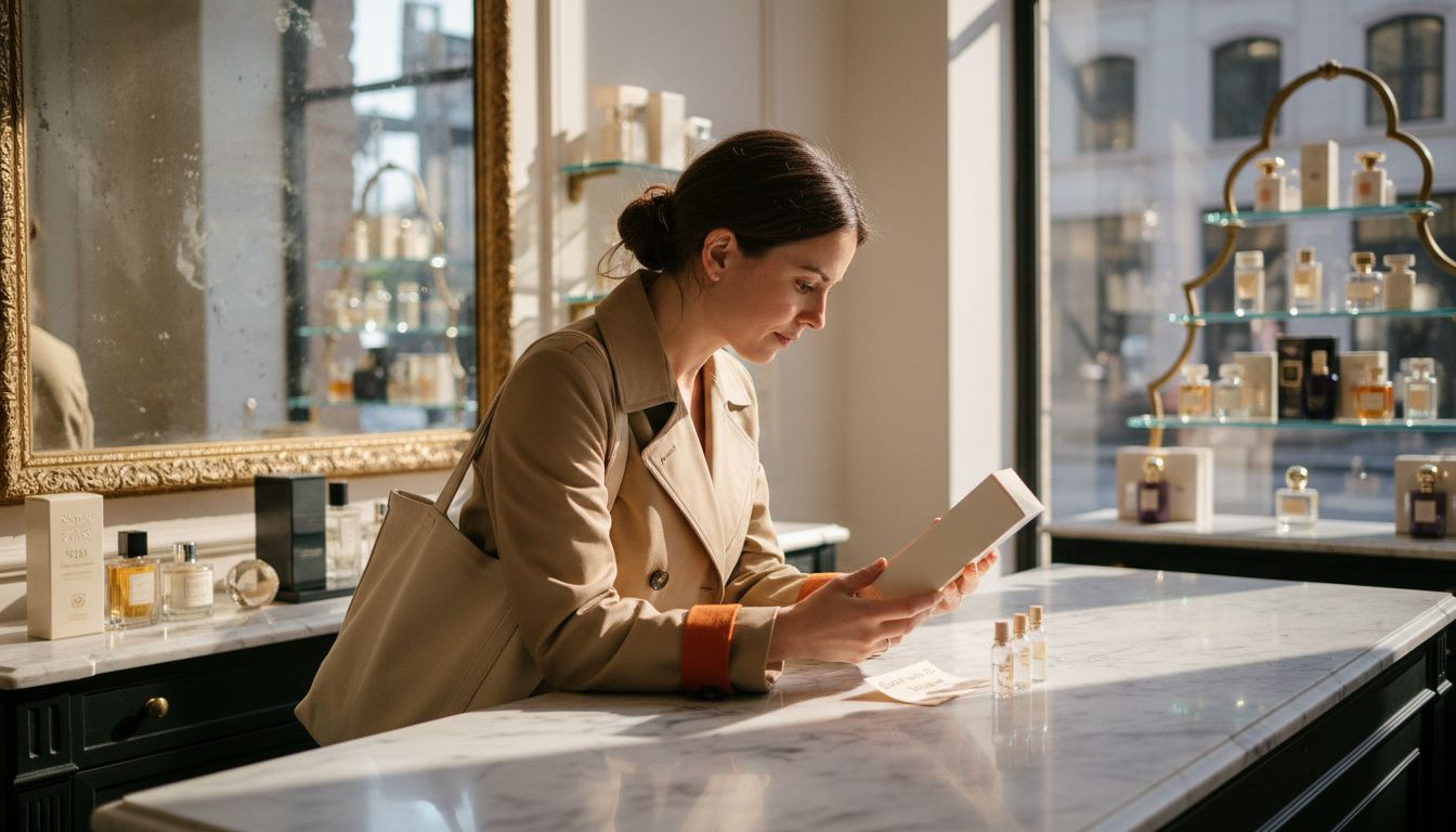 Shopper examining perfume bottle in boutique