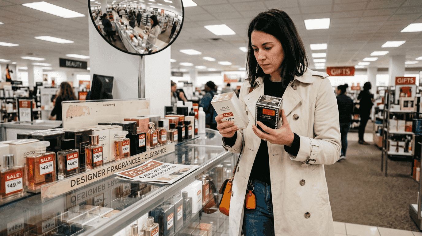 Woman comparing discounted perfumes in store aisle