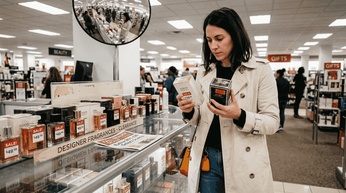 Woman comparing discounted perfumes in store aisle