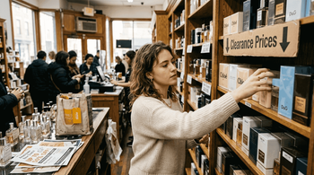 Shopper browsing discounted fragrance shelves