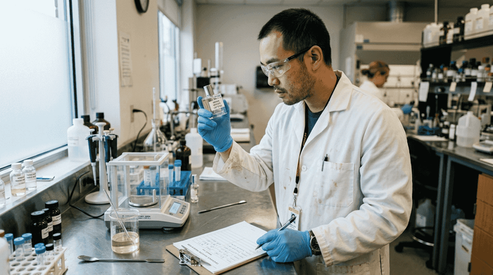 Technician examining perfume bottle for authenticity