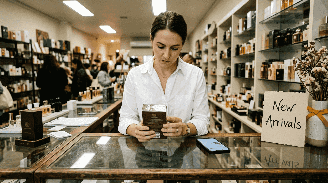 Store manager inspecting perfume authenticity