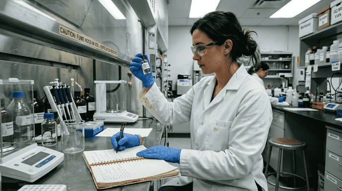 Chemist inspecting authentic perfume sample in lab