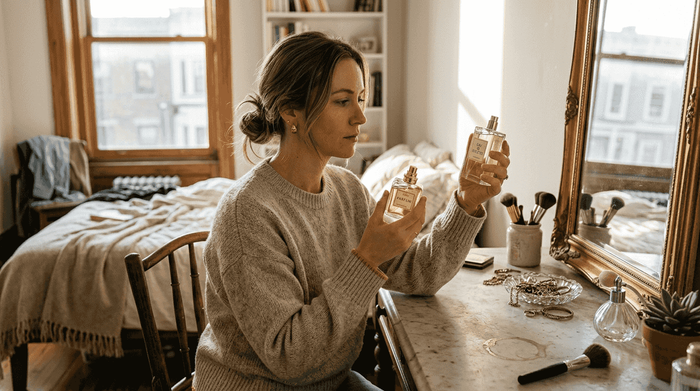 Woman comparing two perfume bottles at vanity