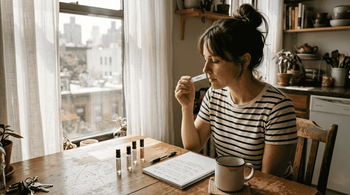 Woman sampling niche perfumes at kitchen table