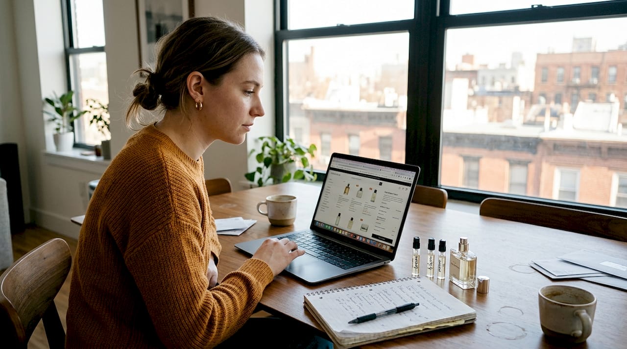 Woman comparing perfumes shopping online at home