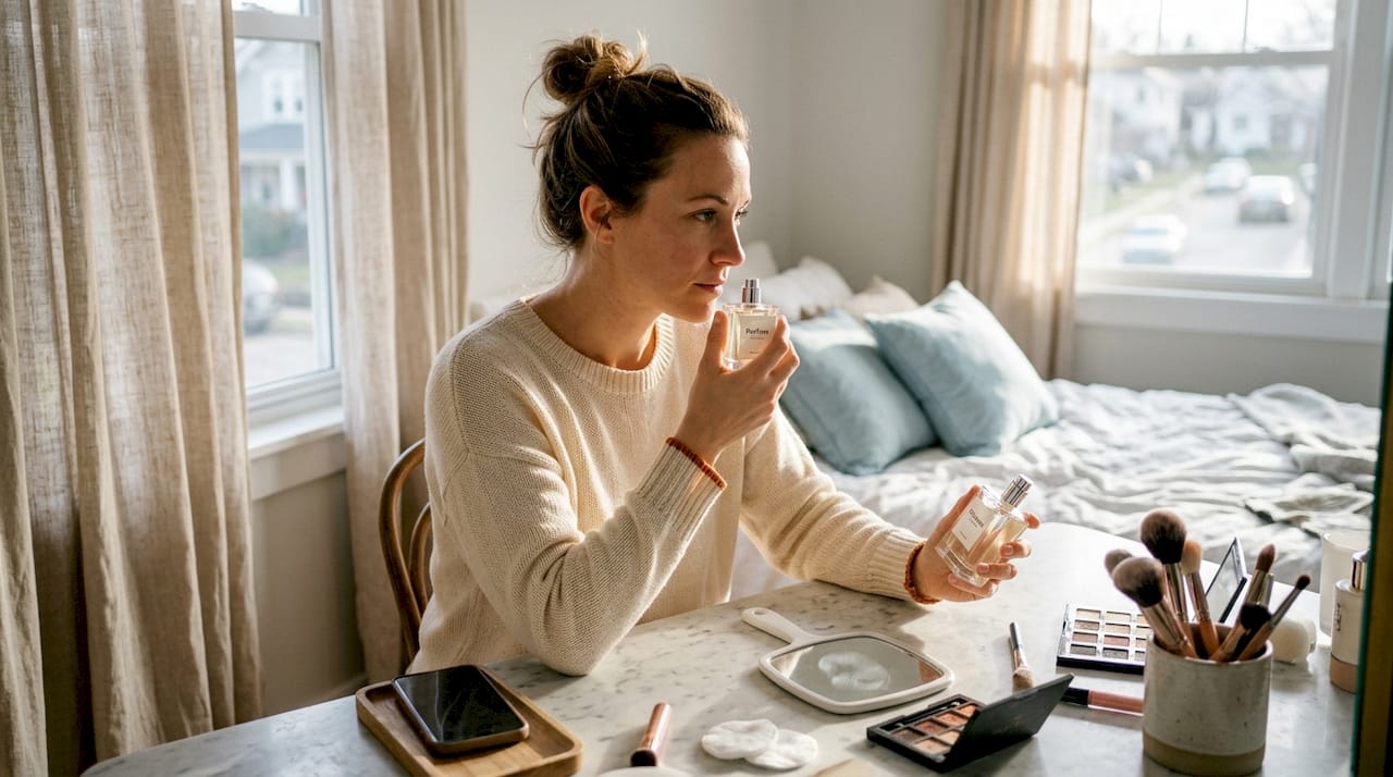 Woman comparing perfume and cologne bottles at vanity