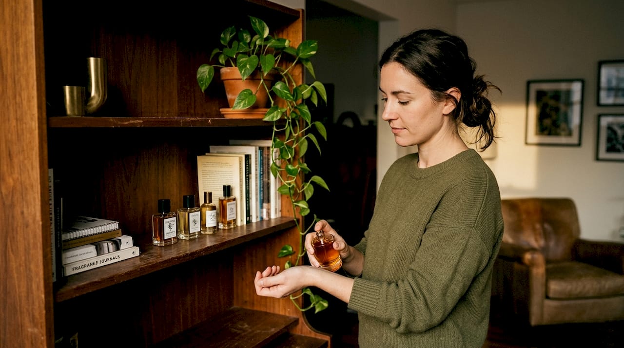 Woman sampling niche perfumes at home shelf
