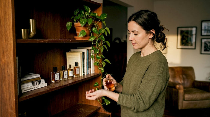 Woman sampling niche perfumes at home shelf