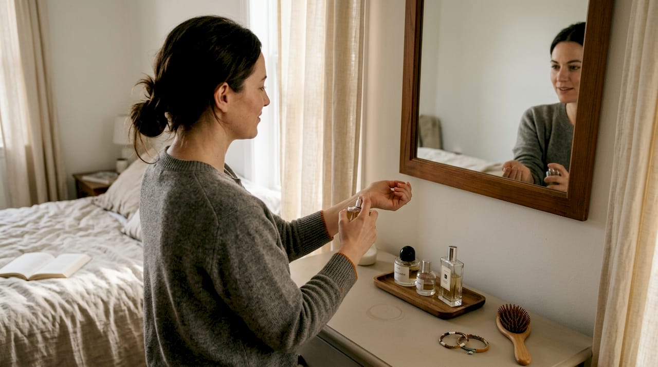 Woman applying perfume in sunlit bedroom