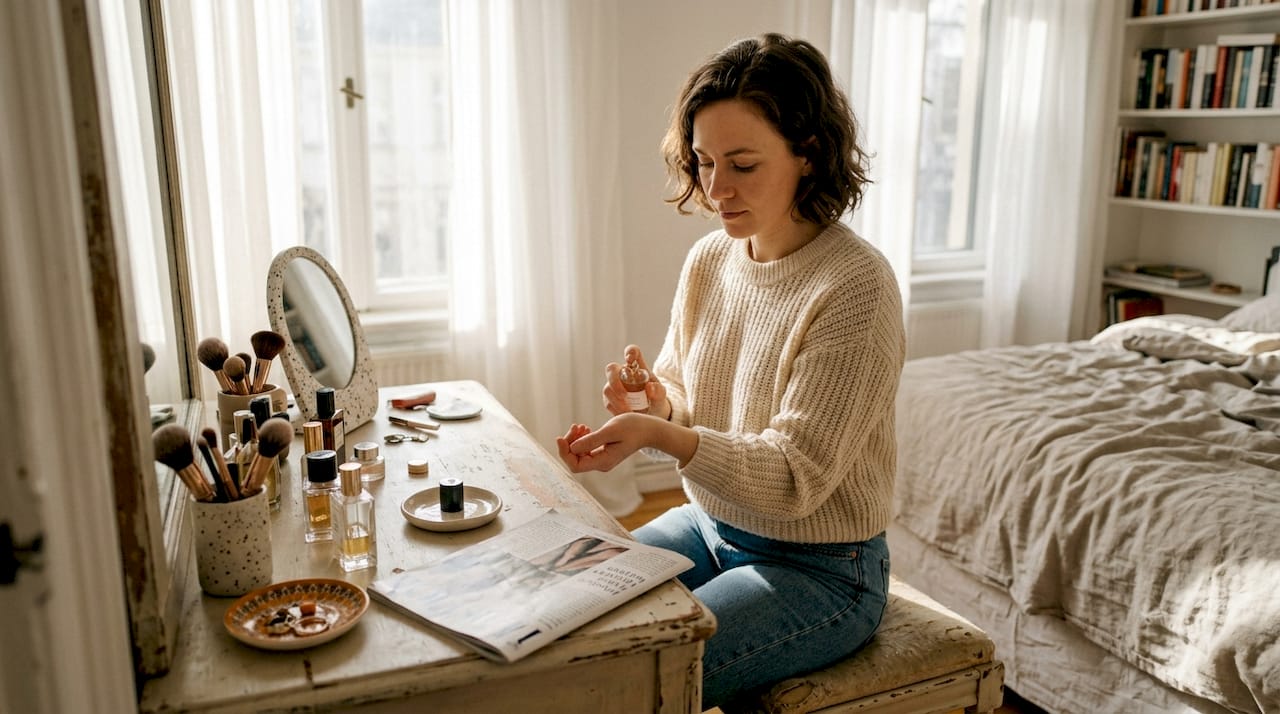 Woman sampling affordable perfumes at vanity