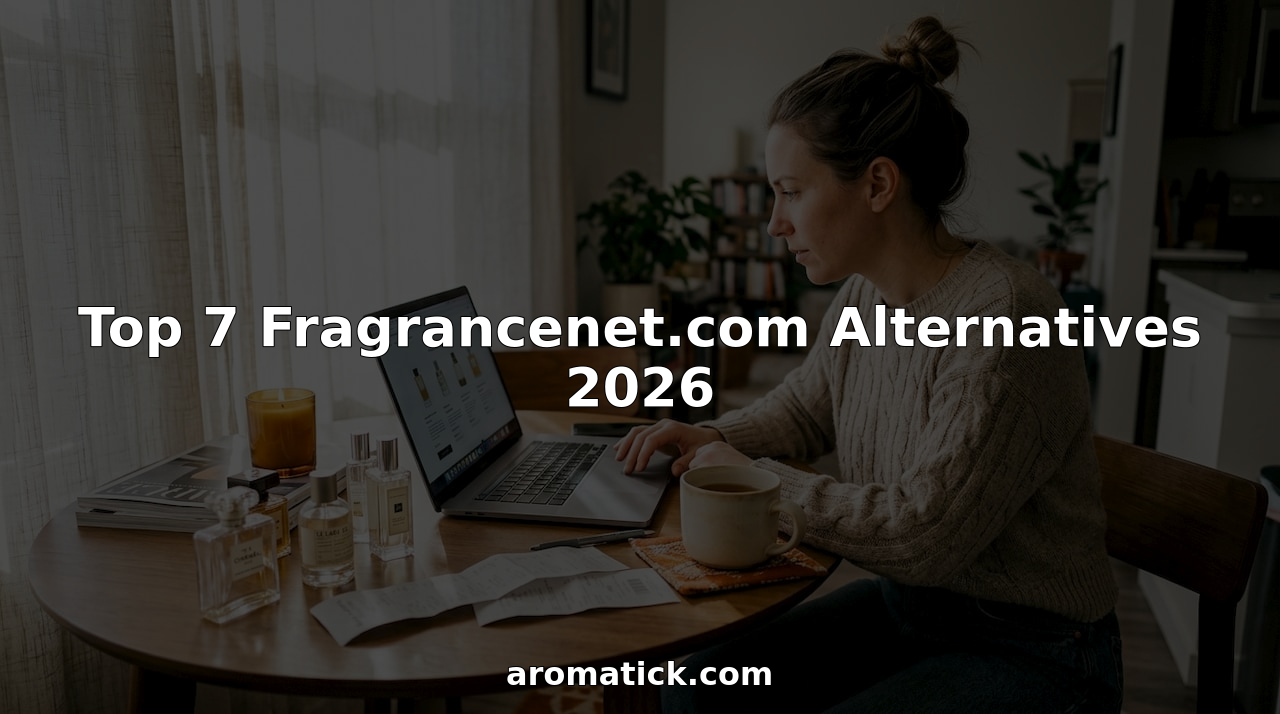 Woman shopping fragrance alternatives at laptop table