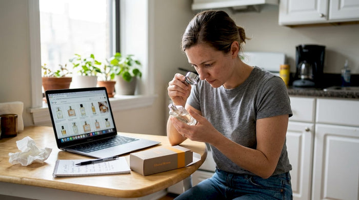 Woman inspecting perfume packaging with magnifying glass