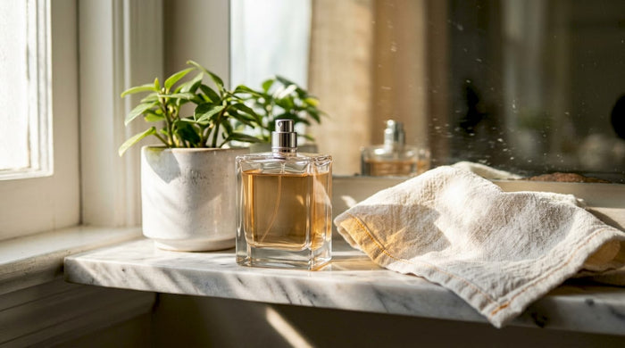 Eau de parfum bottle on marble shelf