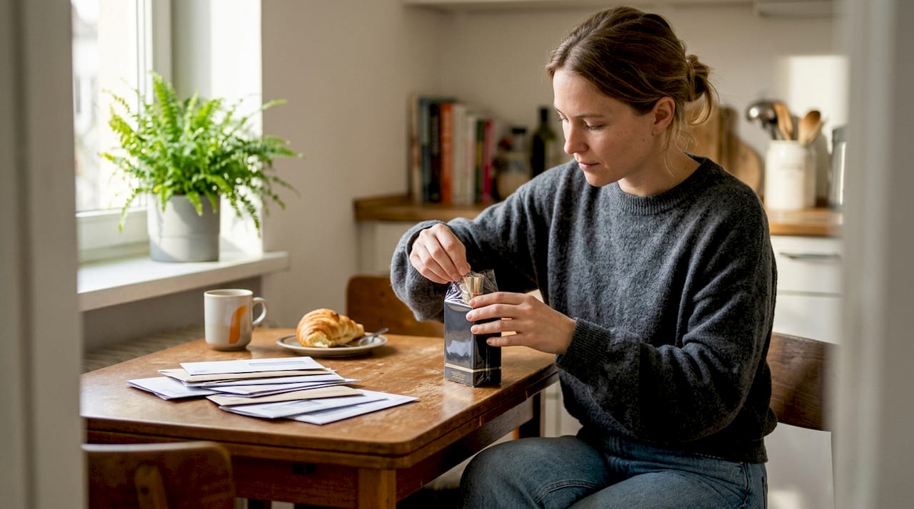 Woman unboxing authentic perfume at dining table