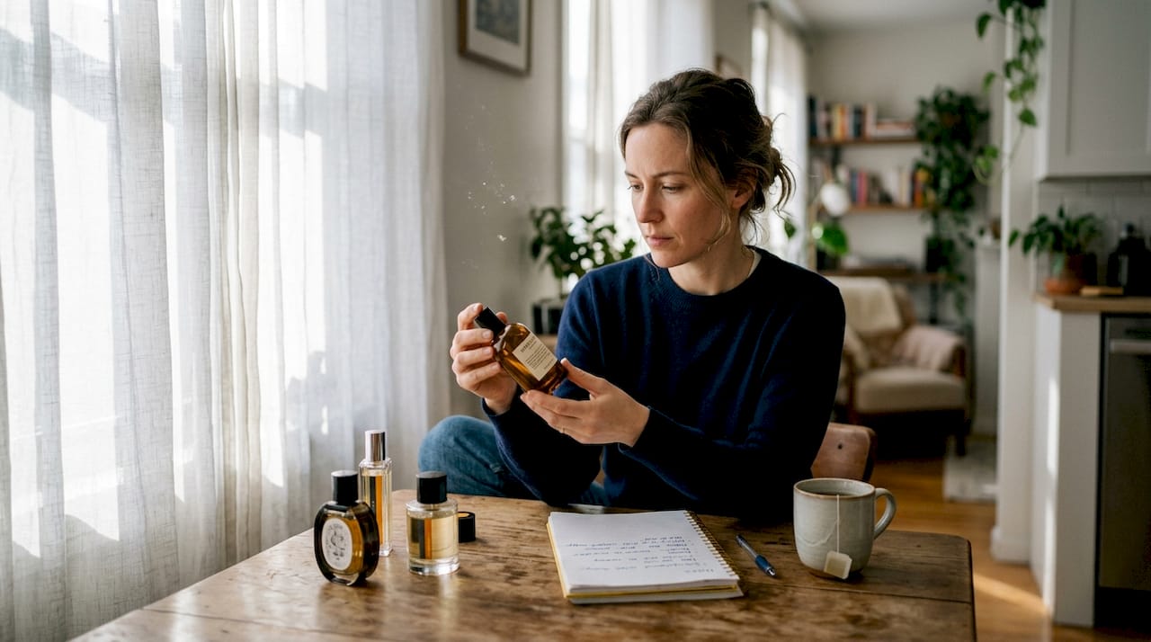 Woman studying fragrance bottle at home