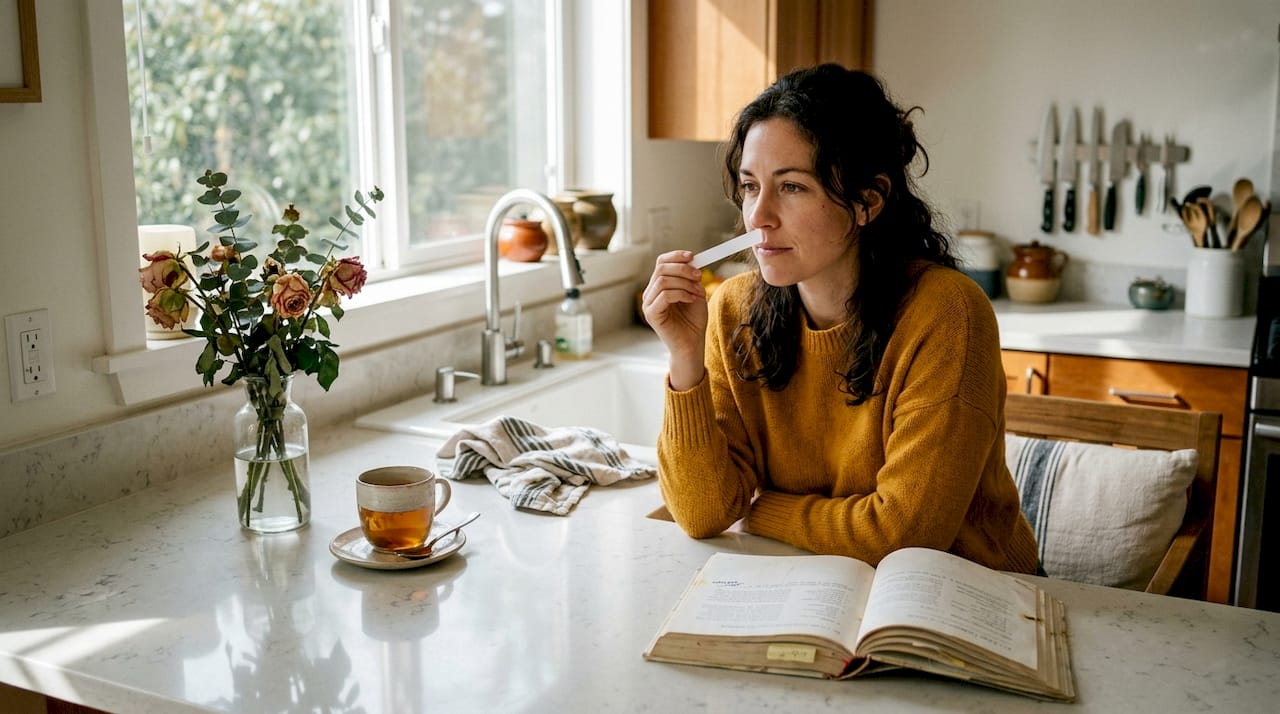 Woman sampling perfume on kitchen bench