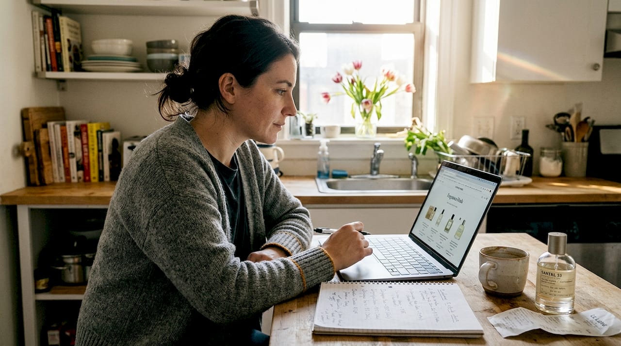 Woman researches perfume prices at kitchen counter