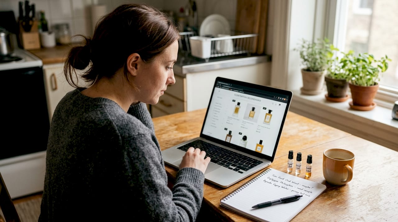 Woman reviews perfumes online at kitchen table