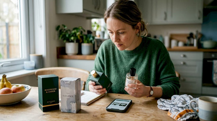 Woman comparing real and fake perfume packaging