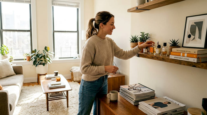 Woman selecting scents from home perfume shelf