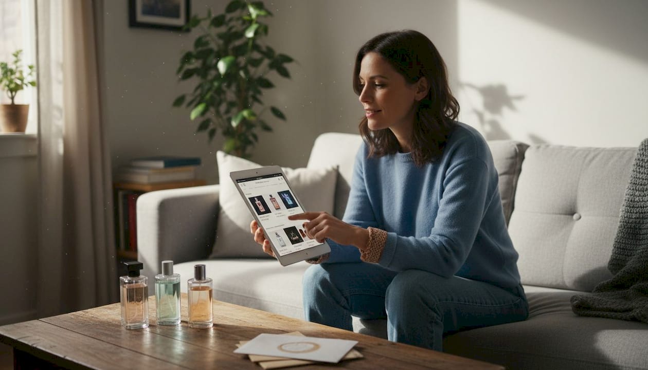 Woman shopping fragrances from living room