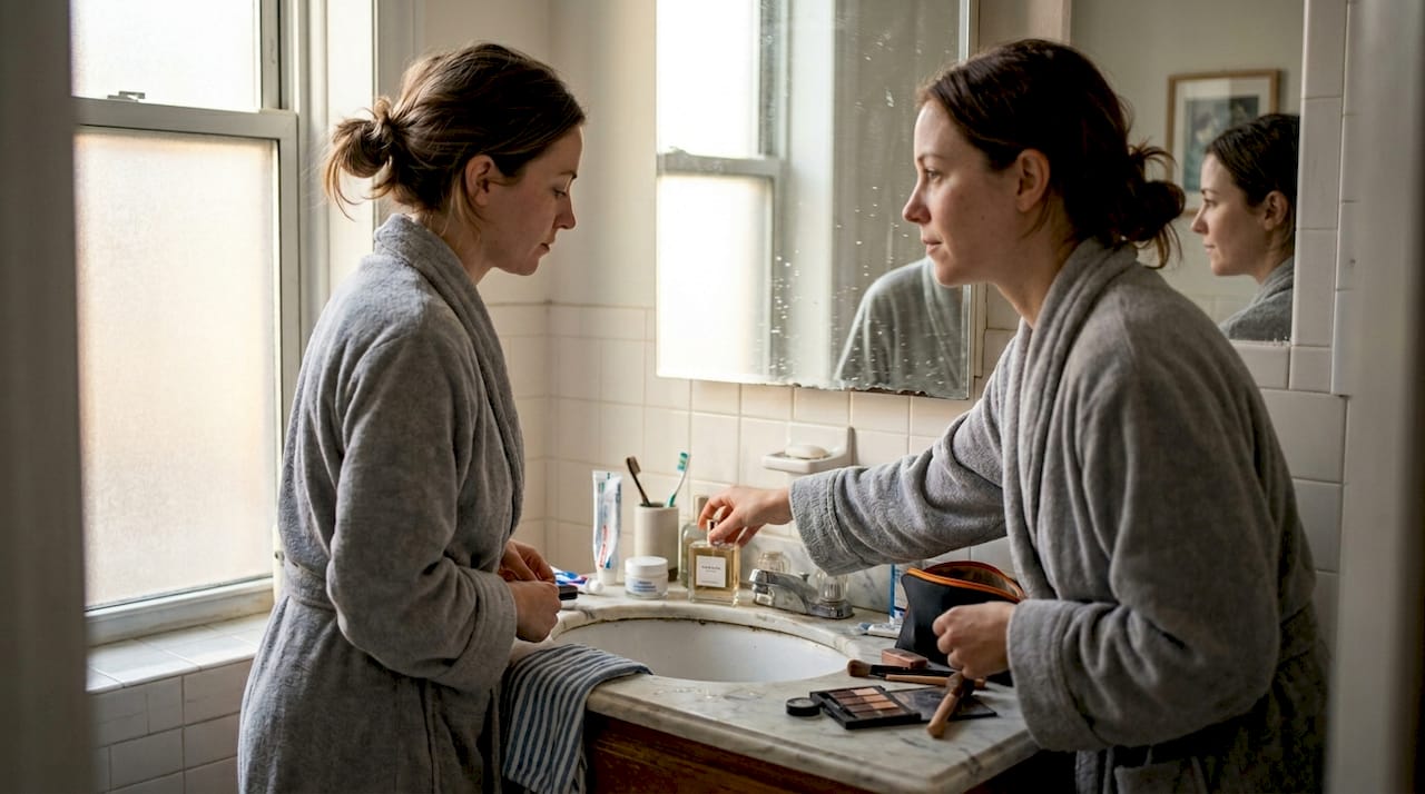 Woman reaching for perfume in morning routine