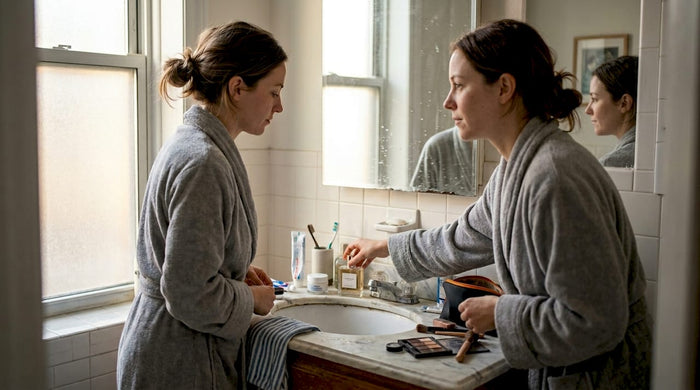 Woman reaching for perfume in morning routine