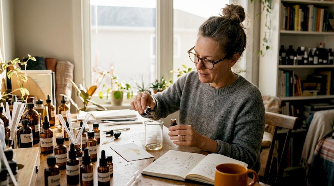 Perfumer blending oils in home studio