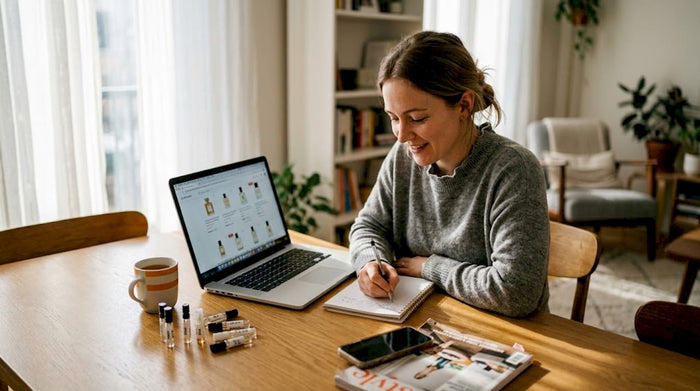 Woman shopping for perfumes online at home