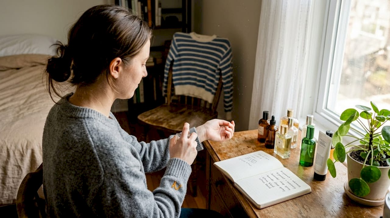 Woman layering fragrance at wooden dresser