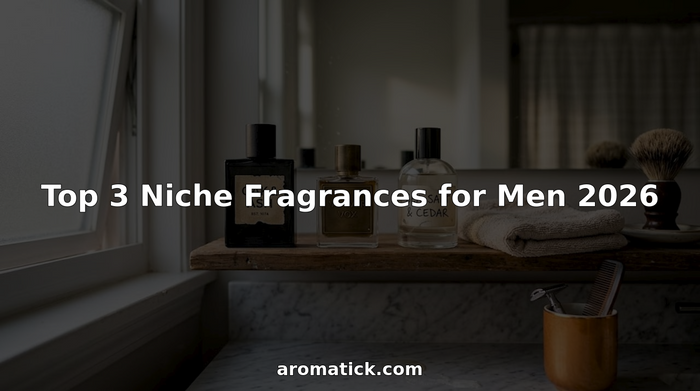 Three niche men’s fragrance bottles on a bathroom shelf