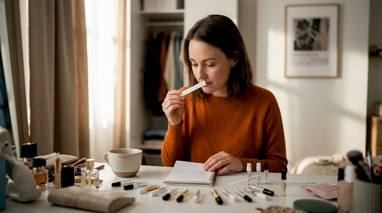 Woman choosing budget perfume at home