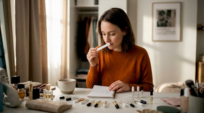 Woman choosing budget perfume at home