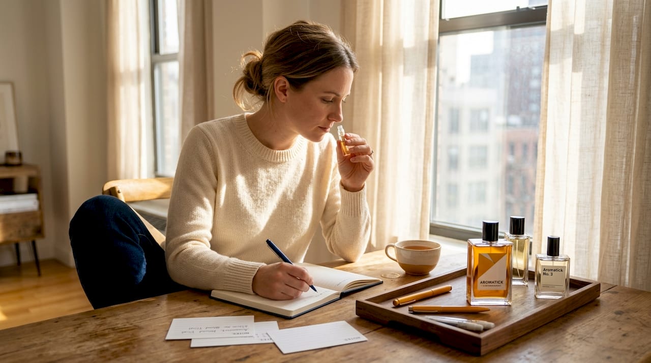 Woman testing perfume in kitchen setting