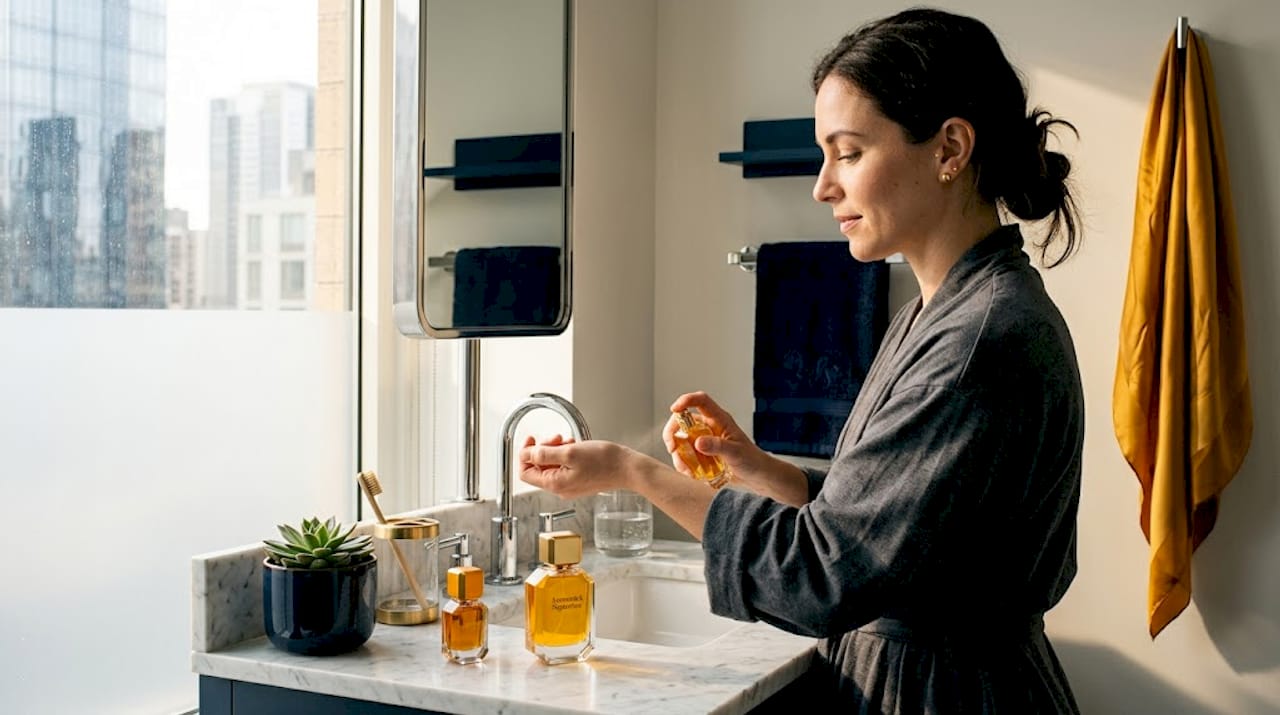 Woman applying unisex perfume at vanity