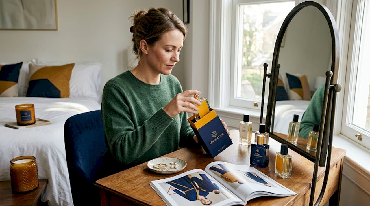 Woman exploring fragrances at home vanity table