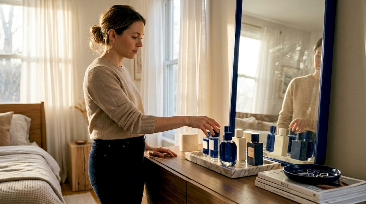 Woman selecting designer perfume at vanity