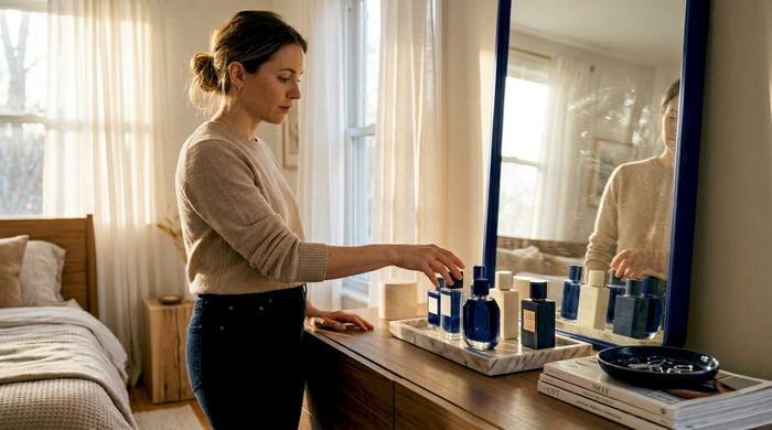 Woman selecting designer perfume at vanity
