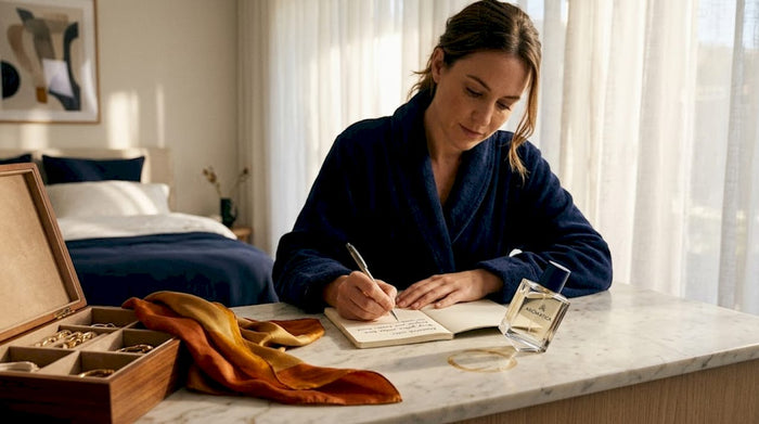 Perfume bottle and woman journaling scents at vanity
