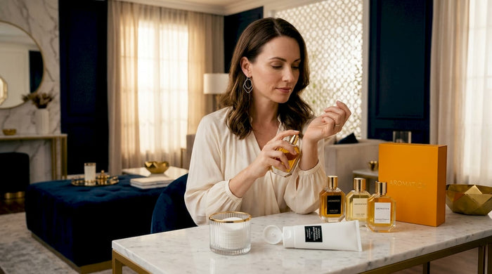 Woman layering perfume at marble vanity
