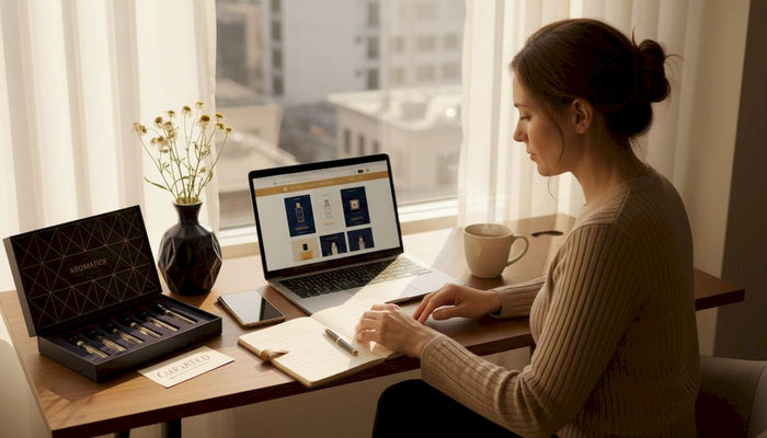 Woman researching perfume stores from dining table