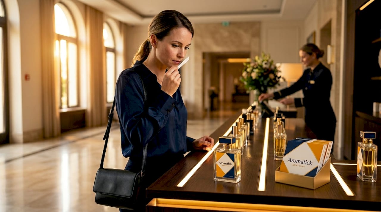 Woman testing fragrances at department store counter