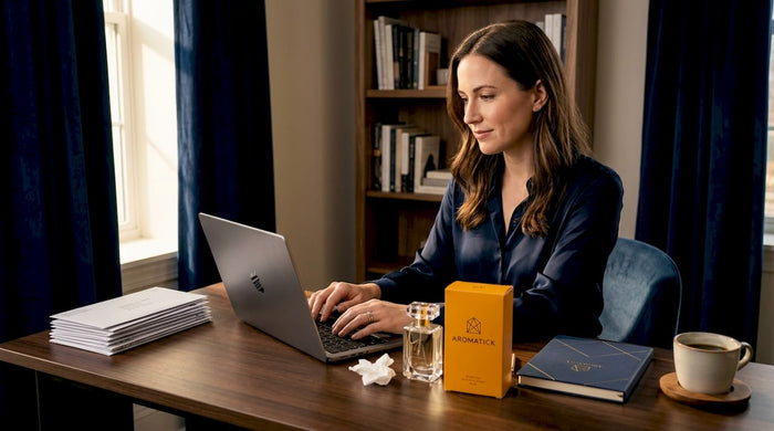 Tester perfume and retail bottle on desk