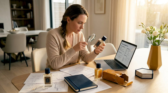 Woman inspecting perfume authenticity at table