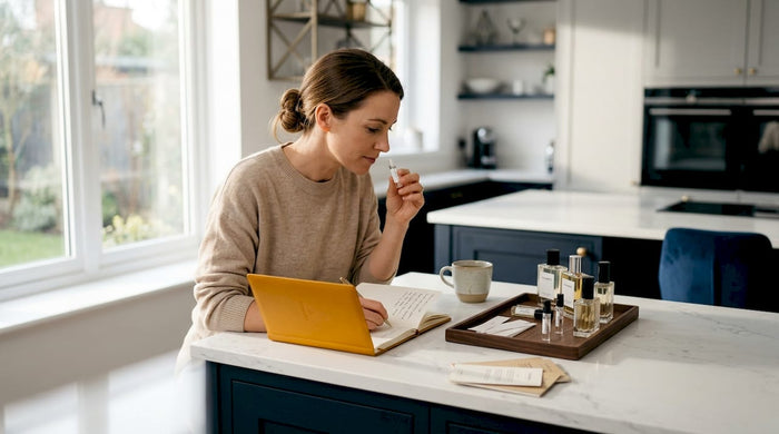 Woman testing perfume samples at home