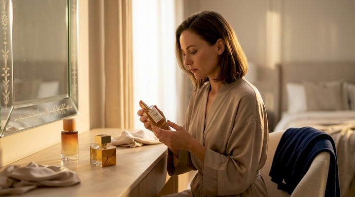 Woman reading perfume bottle label at vanity
