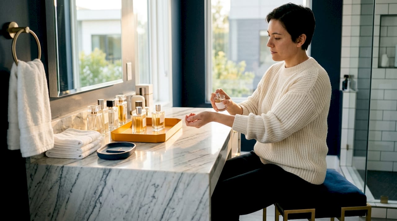 Person choosing fragrance at bathroom vanity
